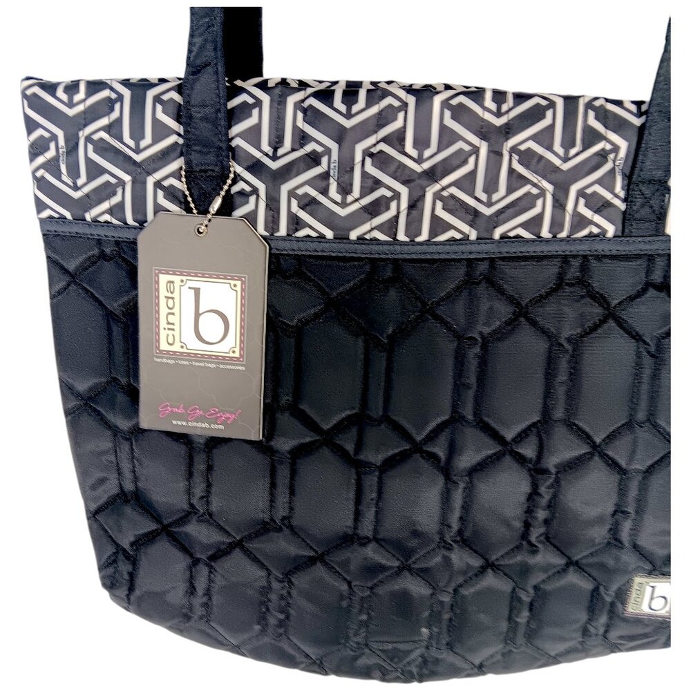 CINDA B- Jet Set Black-Tote-Purse-Shoulder Bag-Quilted Pattern-Black-White - Picture 3 of 10